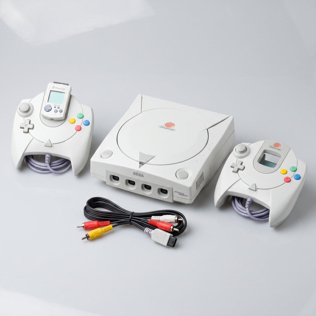 SEGA Dreamcast con dos mandos, VMU y cable AV